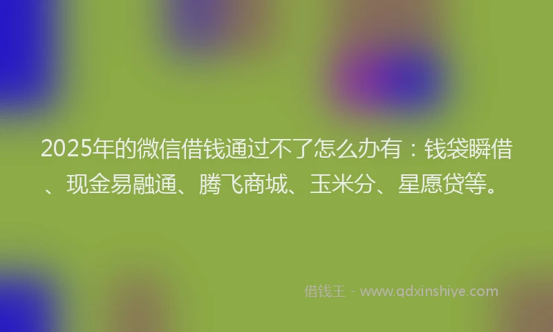 2025年的微信借钱通过不了怎么办有：钱袋瞬借、现金易融通、腾飞商城、玉米分、星愿贷等。