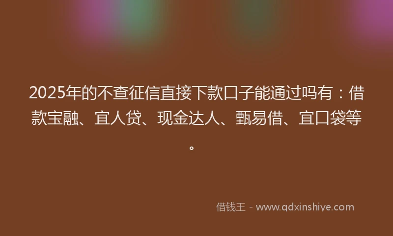 2025年的不查征信直接下款口子能通过吗有：借款宝融、宜人贷、现金达人、甄易借、宜口袋等。