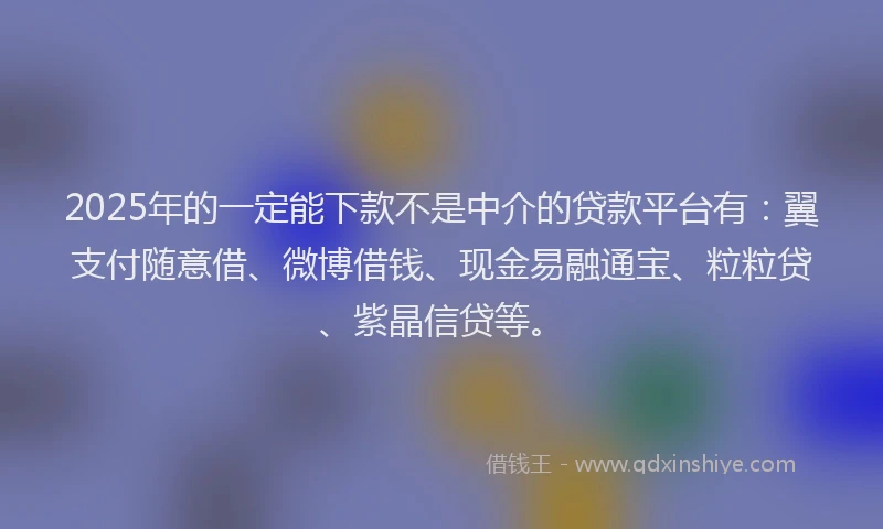 2025年的一定能下款不是中介的贷款平台有：翼支付随意借、微博借钱、现金易融通宝、粒粒贷、紫晶信贷等。