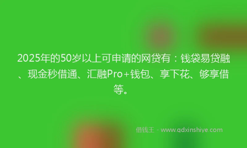 2025年的50岁以上可申请的网贷有：钱袋易贷融、现金秒借通、汇融Pro+钱包、享下花、够享借等。