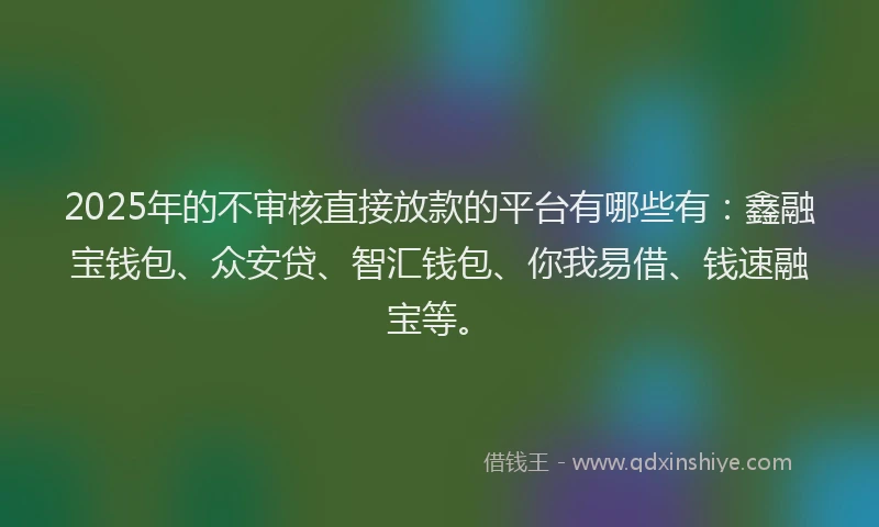 2025年的不审核直接放款的平台有哪些有：鑫融宝钱包、众安贷、智汇钱包、你我易借、钱速融宝等。