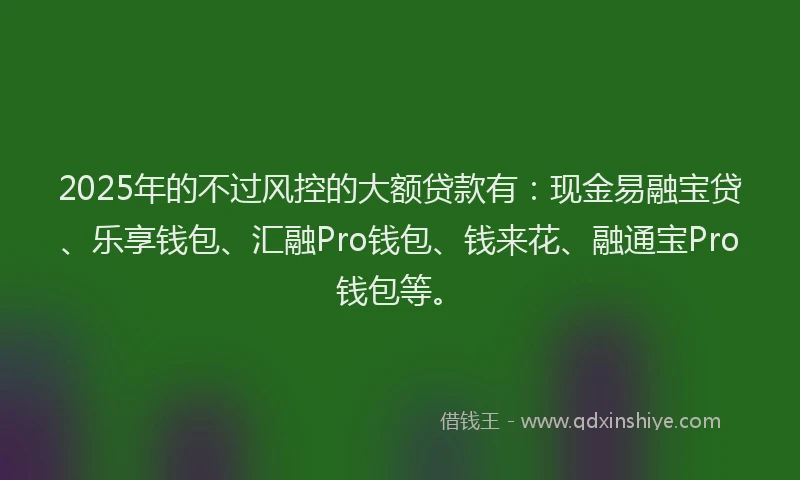 2025年的不过风控的大额贷款有：现金易融宝贷、乐享钱包、汇融Pro钱包、钱来花、融通宝Pro钱包等。