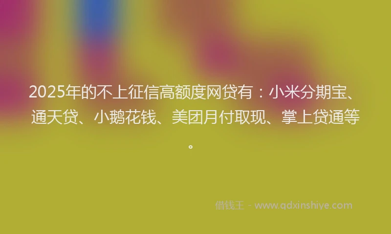 2025年的不上征信高额度网贷有：小米分期宝、通天贷、小鹅花钱、美团月付取现、掌上贷通等。