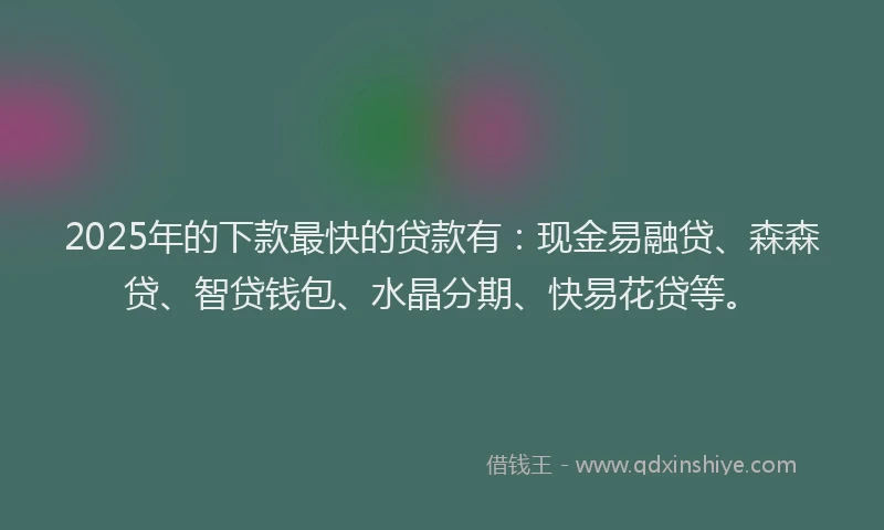 2025年的下款最快的贷款有：现金易融贷、森森贷、智贷钱包、水晶分期、快易花贷等。
