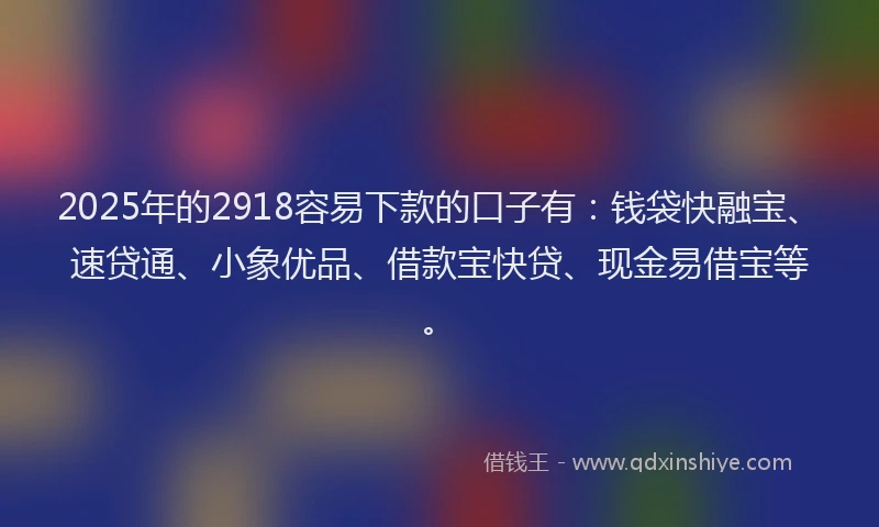 2025年的2918容易下款的口子有：钱袋快融宝、速贷通、小象优品、借款宝快贷、现金易借宝等。