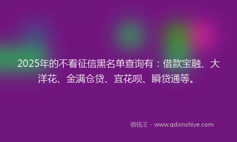 2025年的不看征信黑名单查询有：借款宝融、大洋花、金满仓贷、宜花呗、瞬贷通等。