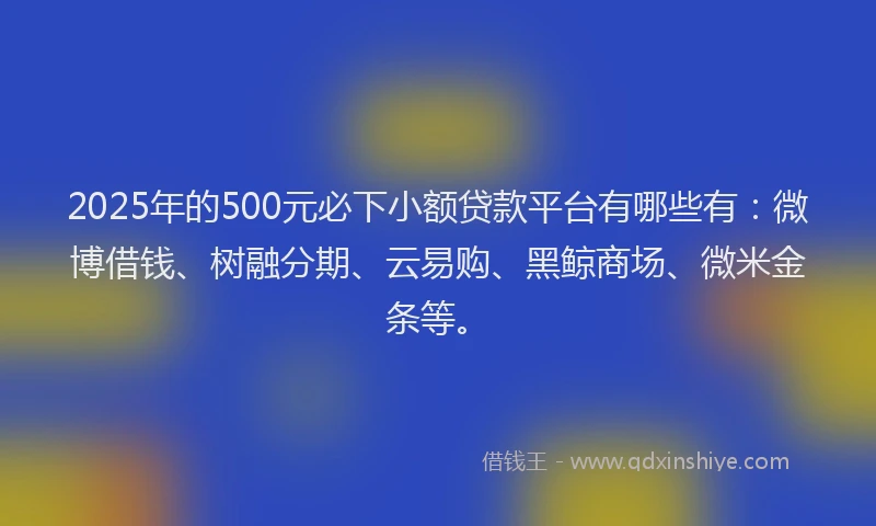 2025年的500元必下小额贷款平台有哪些有：微博借钱、树融分期、云易购、黑鲸商场、微米金条等。