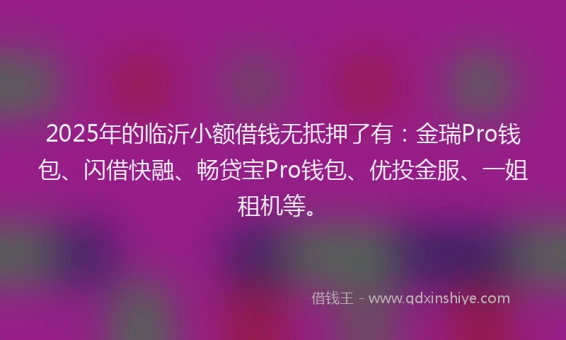 2025年的临沂小额借钱无抵押了有：金瑞Pro钱包、闪借快融、畅贷宝Pro钱包、优投金服、一姐租机等。