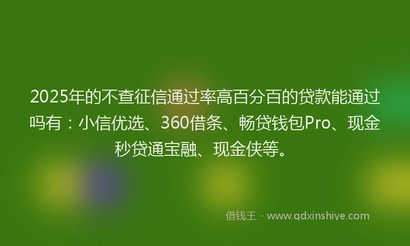 2025年的不查征信通过率高百分百的贷款能通过吗有：小信优选、360借条、畅贷钱包Pro、现金秒贷通宝融、现金侠等。