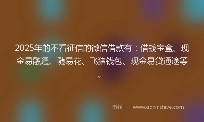 2025年的不看征信的微信借款有：借钱宝盒、现金易融通、随易花、飞猪钱包、现金易贷通途等。
