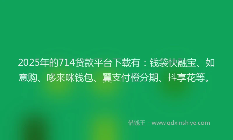 2025年的714贷款平台下载有：钱袋快融宝、如意购、哆来咪钱包、翼支付橙分期、抖享花等。