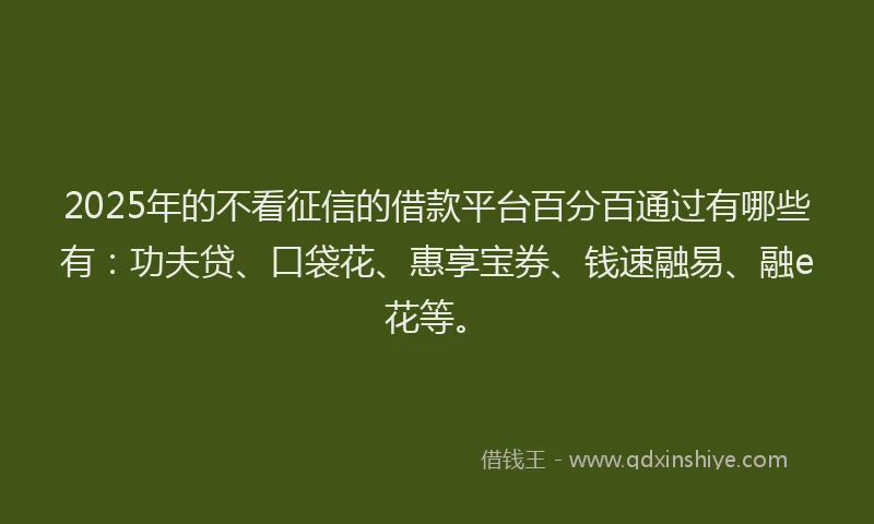2025年的不看征信的借款平台百分百通过有哪些有：功夫贷、口袋花、惠享宝券、钱速融易、融e花等。