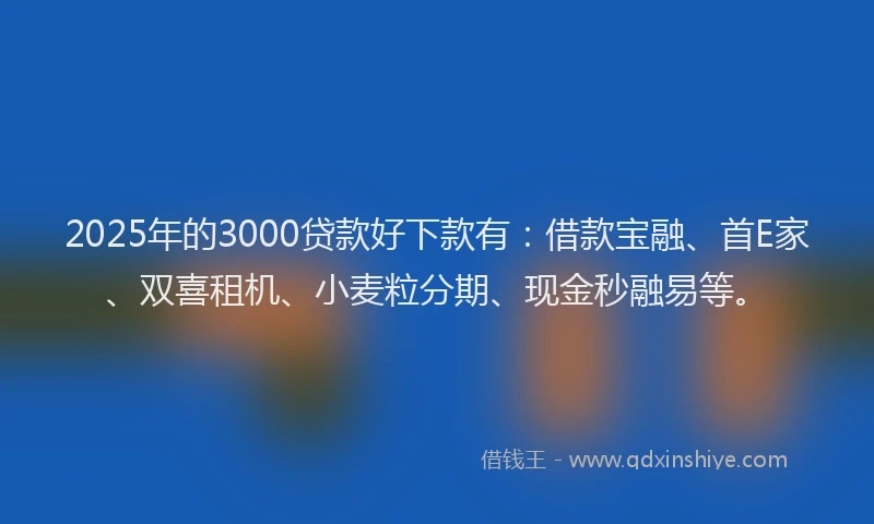 2025年的3000贷款好下款有：借款宝融、首E家、双喜租机、小麦粒分期、现金秒融易等。