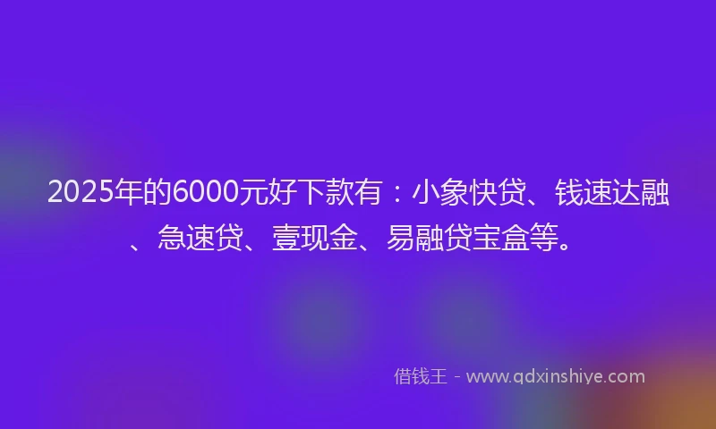 2025年的6000元好下款有：小象快贷、钱速达融、急速贷、壹现金、易融贷宝盒等。