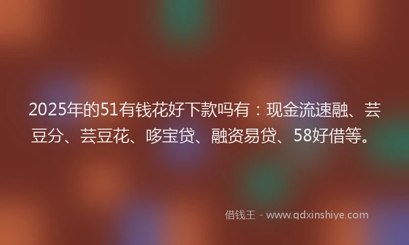 2025年的51有钱花好下款吗有：现金流速融、芸豆分、芸豆花、哆宝贷、融资易贷、58好借等。