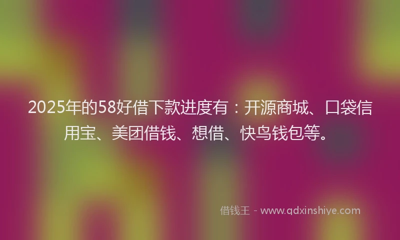 2025年的58好借下款进度有：开源商城、口袋信用宝、美团借钱、想借、快鸟钱包等。