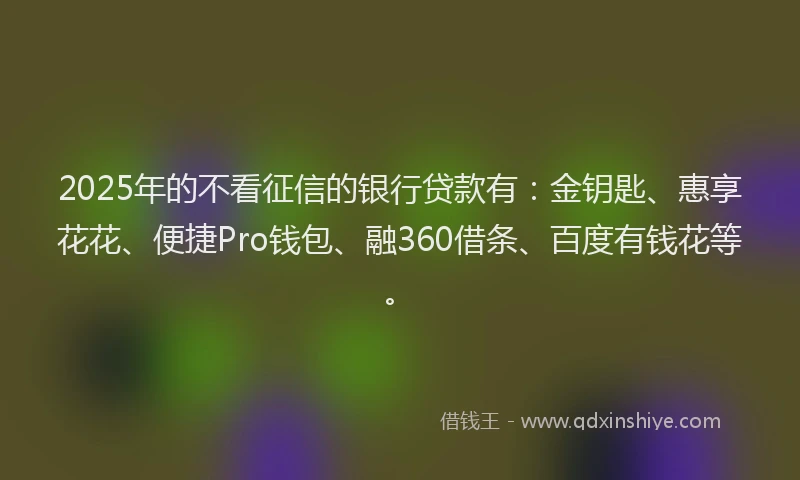 2025年的不看征信的银行贷款有：金钥匙、惠享花花、便捷Pro钱包、融360借条、百度有钱花等。
