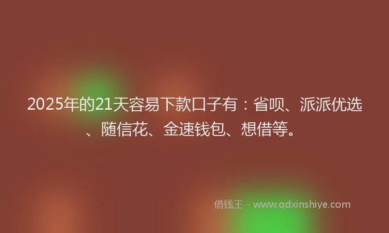 2025年的21天容易下款口子有：省呗、派派优选、随信花、金速钱包、想借等。