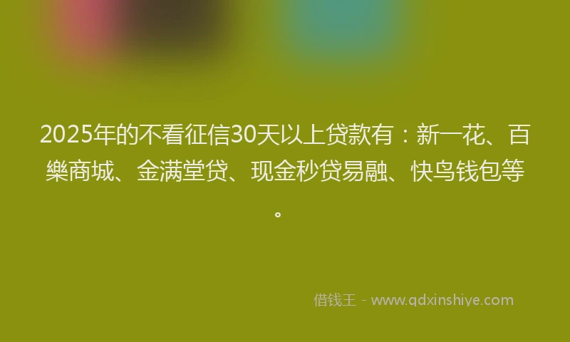 2025年的不看征信30天以上贷款有：新一花、百樂商城、金满堂贷、现金秒贷易融、快鸟钱包等。