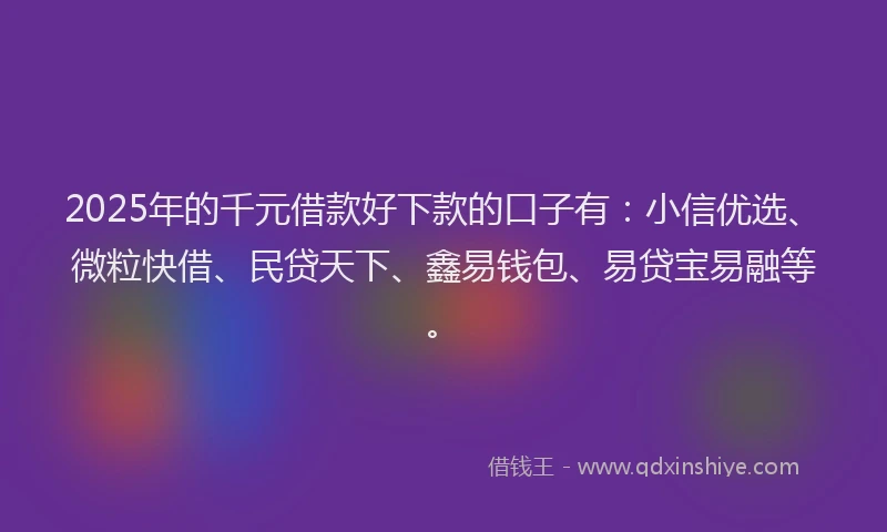 2025年的千元借款好下款的口子有：小信优选、微粒快借、民贷天下、鑫易钱包、易贷宝易融等。
