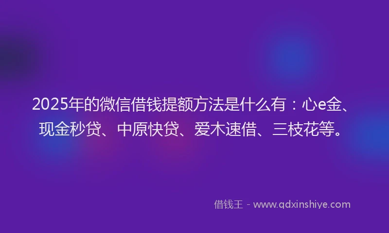 2025年的微信借钱提额方法是什么有：心e金、现金秒贷、中原快贷、爱木速借、三枝花等。