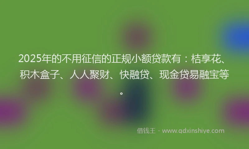 2025年的不用征信的正规小额贷款有：桔享花、积木盒子、人人聚财、快融贷、现金贷易融宝等。