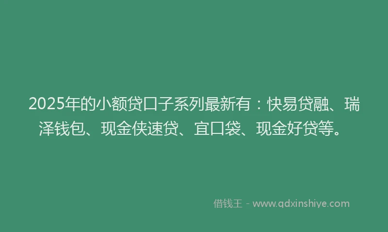 2025年的小额贷口子系列最新有：快易贷融、瑞泽钱包、现金侠速贷、宜口袋、现金好贷等。