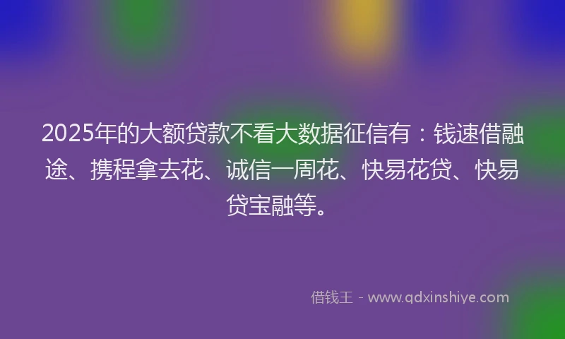 2025年的大额贷款不看大数据征信有：钱速借融途、携程拿去花、诚信一周花、快易花贷、快易贷宝融等。