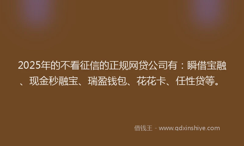 2025年的不看征信的正规网贷公司有：瞬借宝融、现金秒融宝、瑞盈钱包、花花卡、任性贷等。
