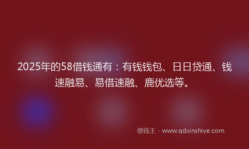 2025年的58借钱通有：有钱钱包、日日贷通、钱速融易、易借速融、鹿优选等。