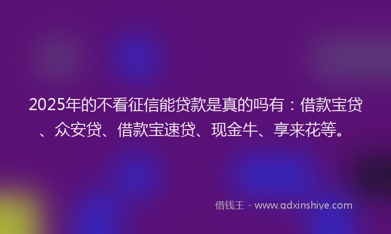 2025年的不看征信能贷款是真的吗有：借款宝贷、众安贷、借款宝速贷、现金牛、享来花等。
