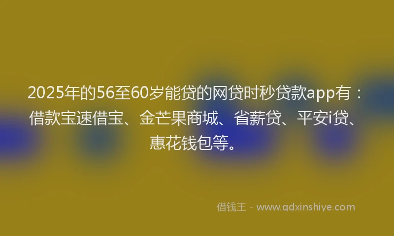 2025年的56至60岁能贷的网贷时秒贷款app有：借款宝速借宝、金芒果商城、省薪贷、平安i贷、惠花钱包等。