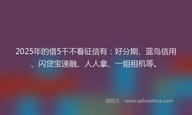 2025年的借5千不看征信有：好分期、蓝鸟信用、闪贷宝速融、人人拿、一姐租机等。