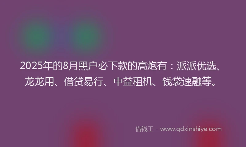 2025年的8月黑户必下款的高炮有：派派优选、龙龙用、借贷易行、中益租机、钱袋速融等。
