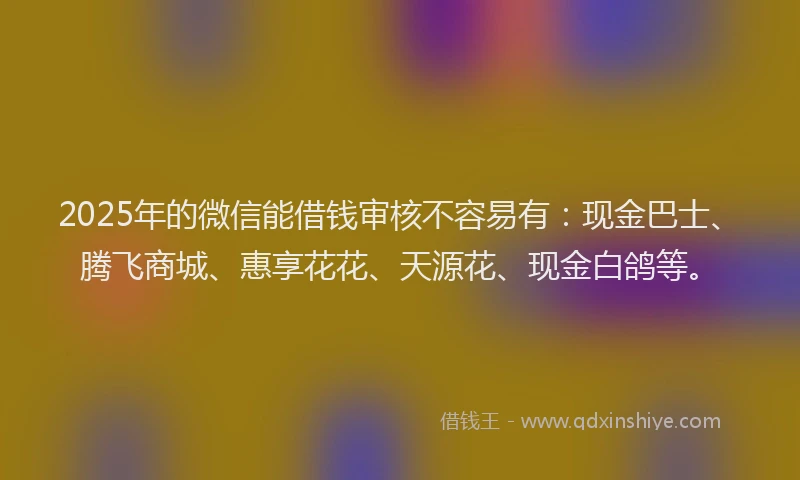2025年的微信能借钱审核不容易有：现金巴士、腾飞商城、惠享花花、天源花、现金白鸽等。