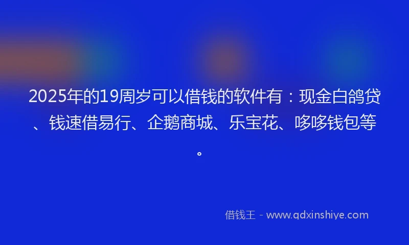 2025年的19周岁可以借钱的软件有：现金白鸽贷、钱速借易行、企鹅商城、乐宝花、哆哆钱包等。