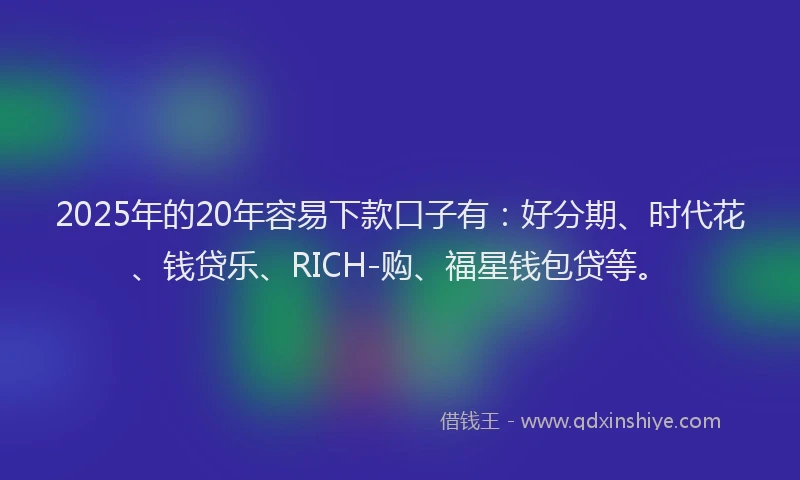 2025年的20年容易下款口子有：好分期、时代花、钱贷乐、RICH-购、福星钱包贷等。