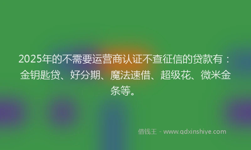 2025年的不需要运营商认证不查征信的贷款有：金钥匙贷、好分期、魔法速借、超级花、微米金条等。