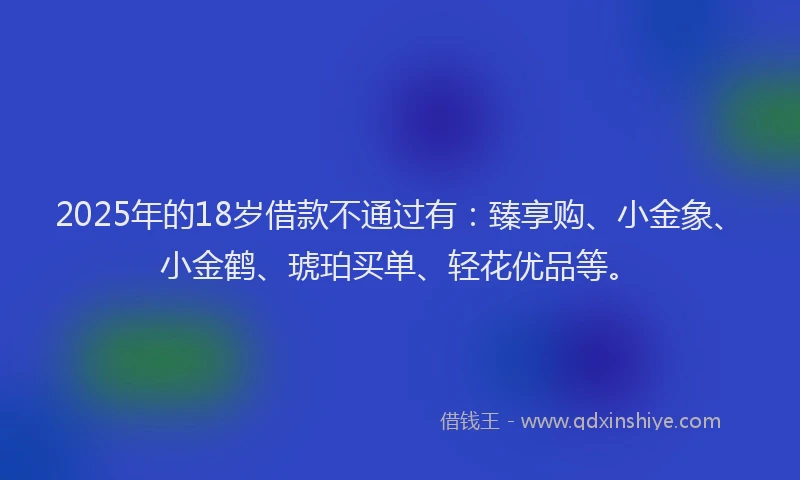 2025年的18岁借款不通过有：臻享购、小金象、小金鹤、琥珀买单、轻花优品等。