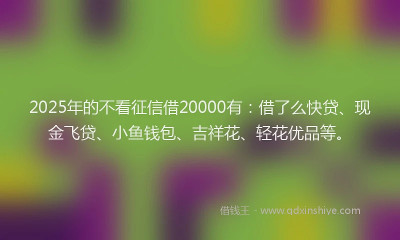 2025年的不看征信借20000有：借了么快贷、现金飞贷、小鱼钱包、吉祥花、轻花优品等。