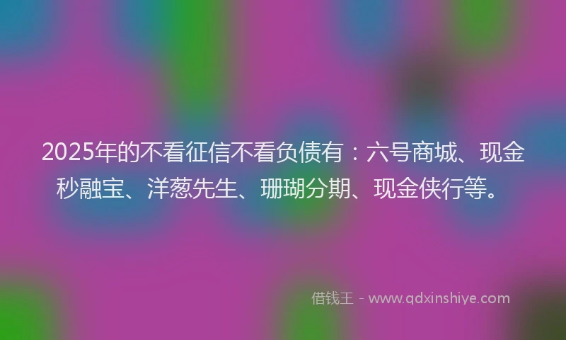 2025年的不看征信不看负债有：六号商城、现金秒融宝、洋葱先生、珊瑚分期、现金侠行等。