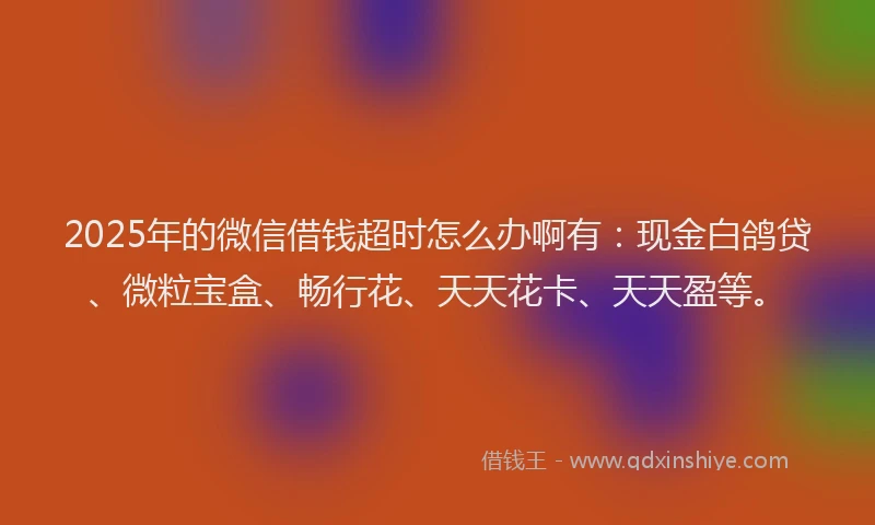 2025年的微信借钱超时怎么办啊有：现金白鸽贷、微粒宝盒、畅行花、天天花卡、天天盈等。