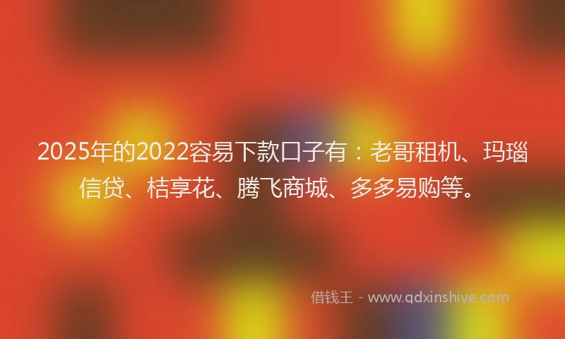 2025年的2022容易下款口子有：老哥租机、玛瑙信贷、桔享花、腾飞商城、多多易购等。