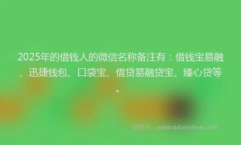 2025年的借钱人的微信名称备注有：借钱宝易融、迅捷钱包、口袋宝、借贷易融贷宝、臻心贷等。