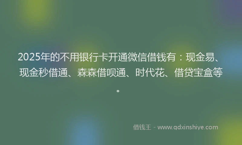 2025年的不用银行卡开通微信借钱有：现金易、现金秒借通、森森借呗通、时代花、借贷宝盒等。