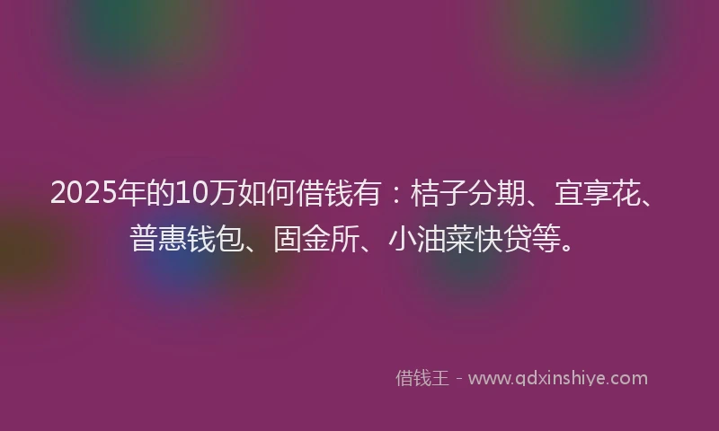 2025年的10万如何借钱有：桔子分期、宜享花、普惠钱包、固金所、小油菜快贷等。