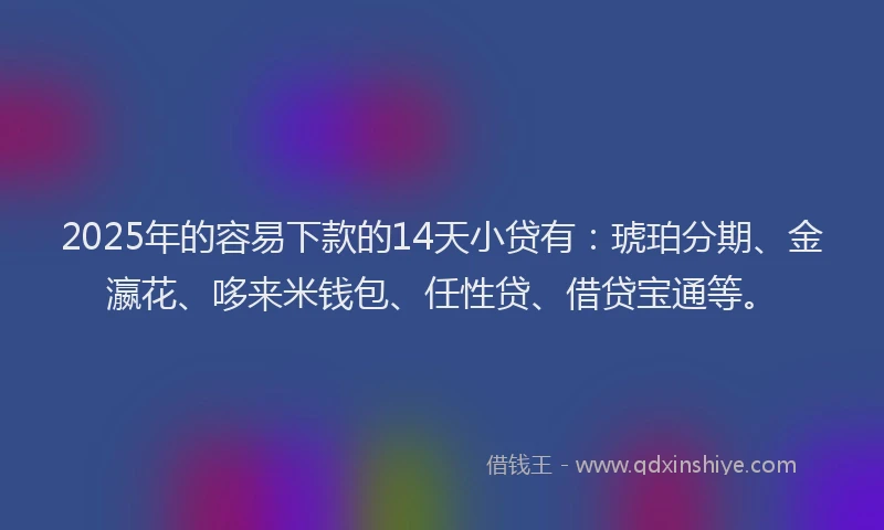 2025年的容易下款的14天小贷有：琥珀分期、金瀛花、哆来米钱包、任性贷、借贷宝通等。