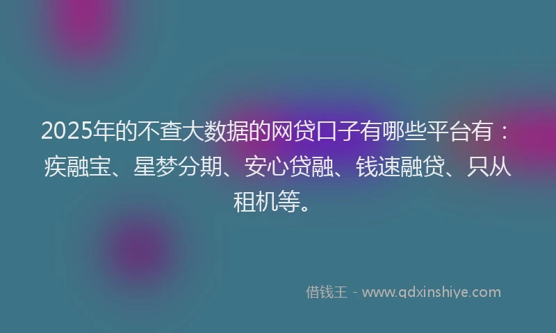 2025年的不查大数据的网贷口子有哪些平台有：疾融宝、星梦分期、安心贷融、钱速融贷、只从租机等。