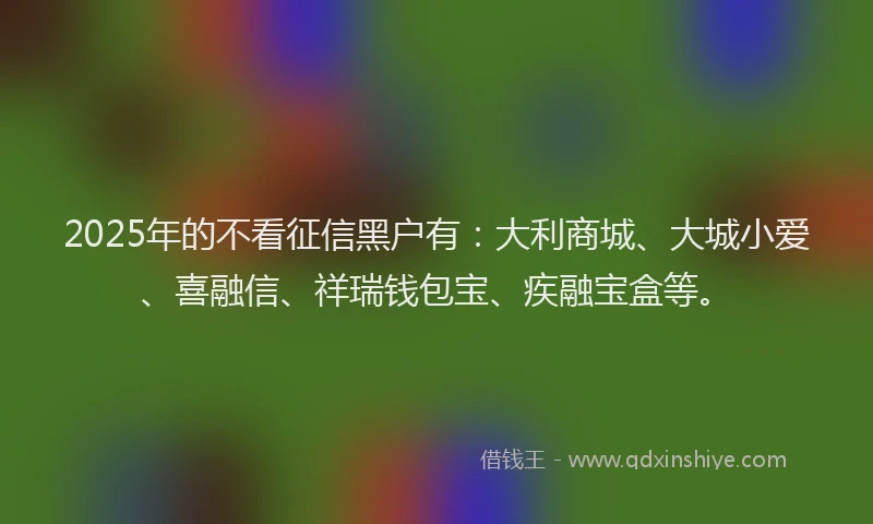 2025年的不看征信黑户有：大利商城、大城小爱、喜融信、祥瑞钱包宝、疾融宝盒等。