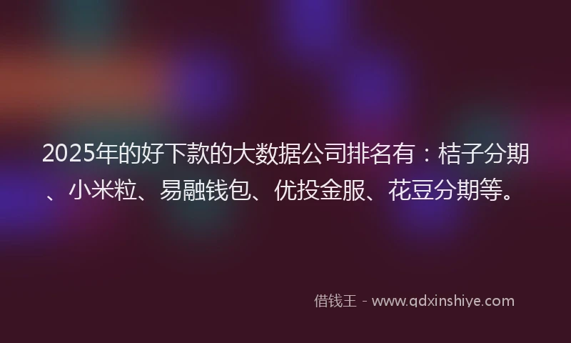 2025年的好下款的大数据公司排名有：桔子分期、小米粒、易融钱包、优投金服、花豆分期等。
